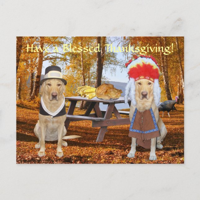 Customisable Cute Lab Pilgrim & Chief Holiday Postcard (Front)
