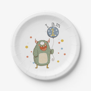 Customisable Cute Monster with Balloon Birthday Paper Plate
