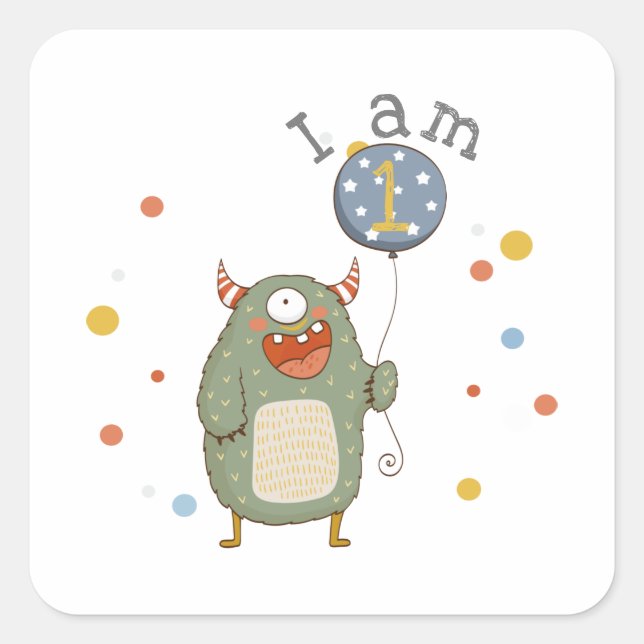 Customisable Cute Monster with Balloon Birthday Square Sticker (Front)