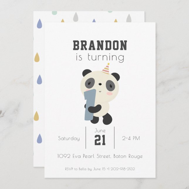 Customisable Cute Panda First Birthday Invitation (Front/Back)