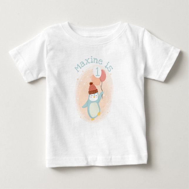 Customisable Cute Pastel Penguin with Balloons Baby T-Shirt (Front)