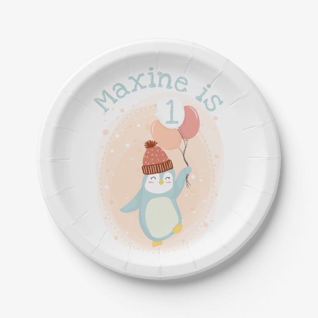 Customisable Cute Pastel Penguin with Balloons Paper Plate (Front)