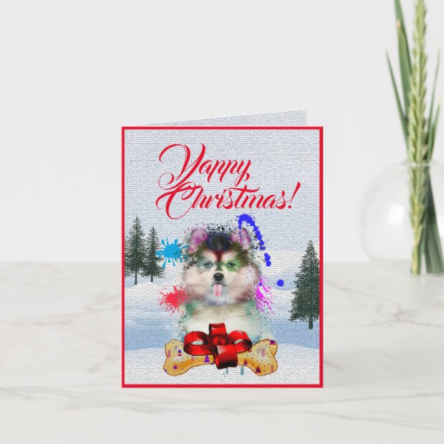 Customisable Cute Pomsky Dog Yappy Christmas Card (Front)
