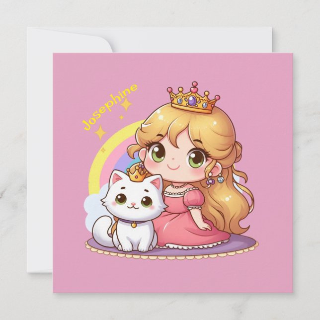 Customisable Cute princess with White Cat Invitation (Front)
