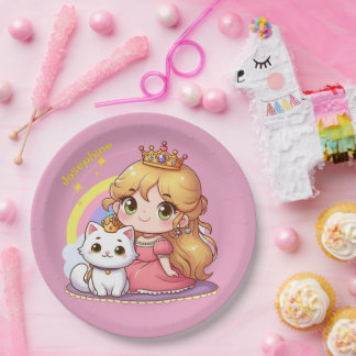 Customisable Cute princess with White Cat Paper Plate