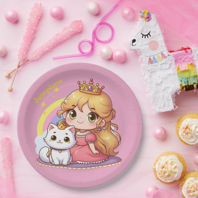 Customisable Cute princess with White Cat Paper Plate (Party)