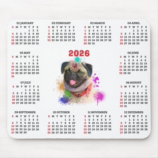 Customisable Cute Pug Dog Calendar  Mouse Pad (Front)