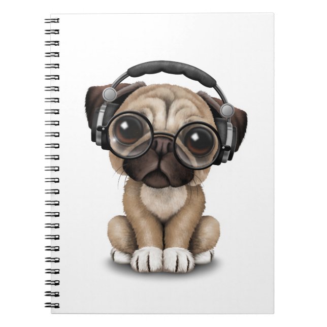 Customisable Cute Pug Puppy Dj with Headphones Notebook (Front)
