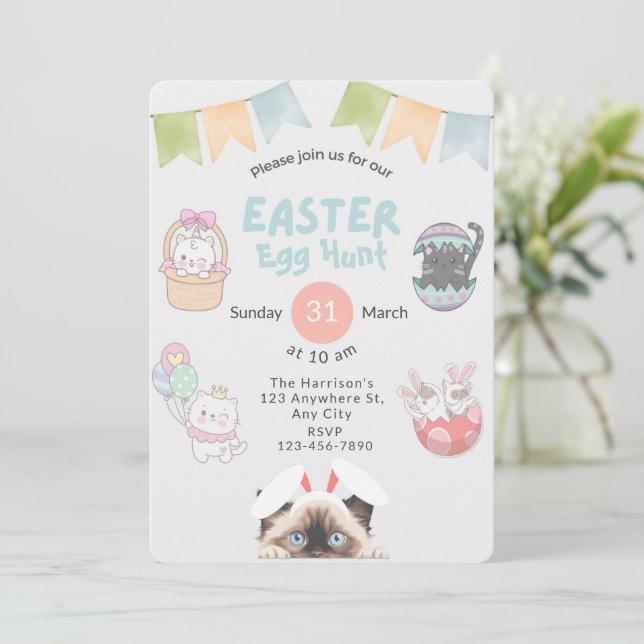 Customisable Cute Ragdoll Cat Bunny Easter Invitation (Standing Front)