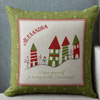 Customisable Cute red&green village  at Christmas  Cushion