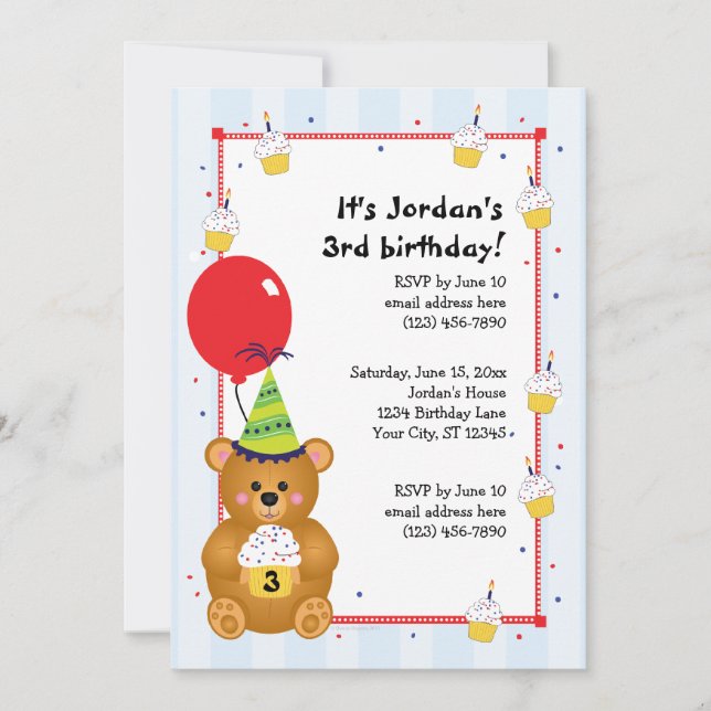 Customisable Cute Teddy Bear Birthday Invitation (Front)