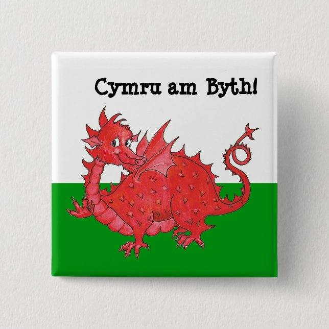 Customisable Cute Welsh Dragon Square Button (Front)