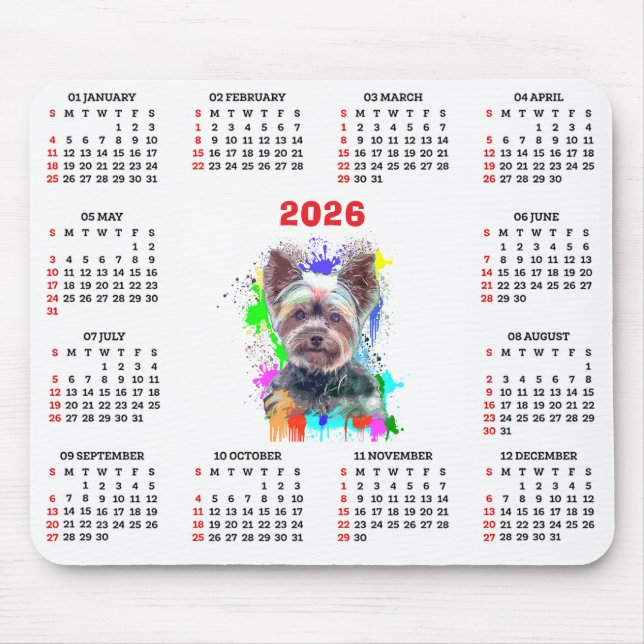 Customisable Cute Yorkie Dog Calendar  Mouse Pad (Front)