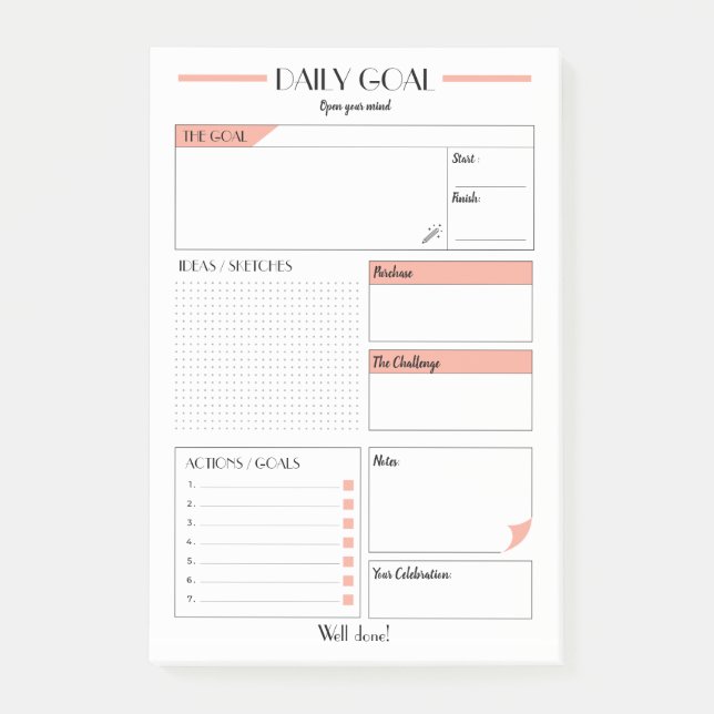 Customisable Daily Goals planner Sheet Post-it Notes (Front)