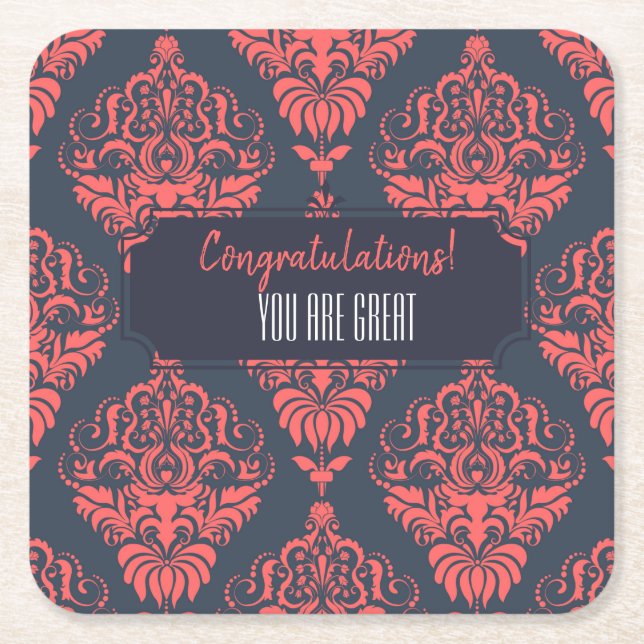 Customisable Damask Event Square Paper Coaster (Front)