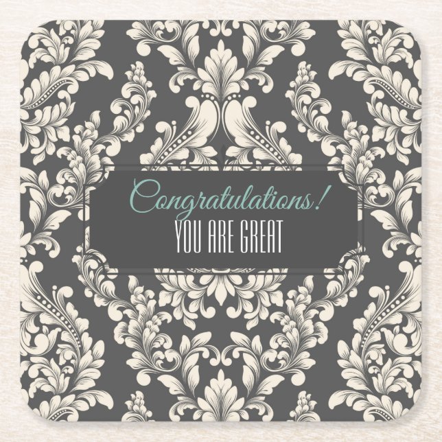 Customisable Damask Event Square Paper Coaster (Front)