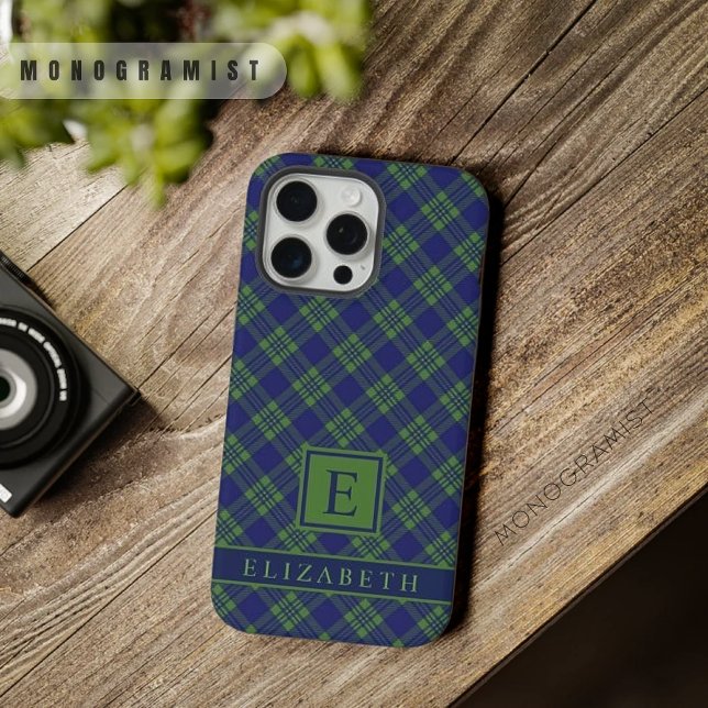 Customisable Dark Navy Blue Green Chequered  iPhone Case (Customizable Dark Navy Blue Green Checkered iPhone Case)