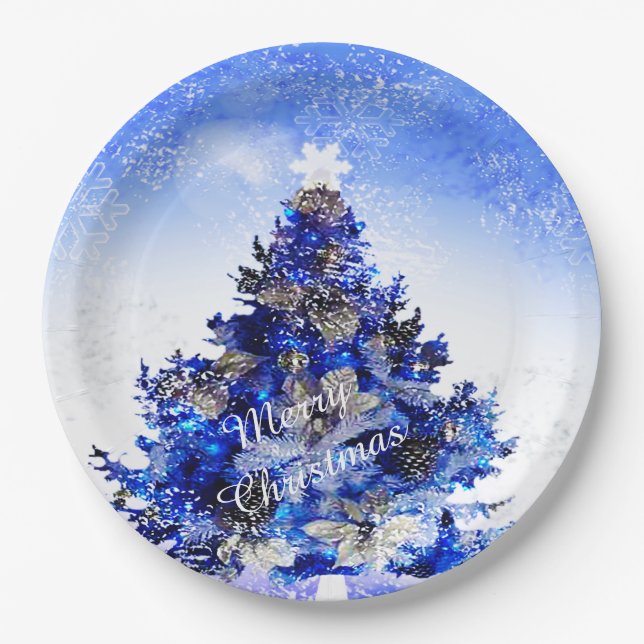 Customisable decorated blue christmas tree paper plate (Front)