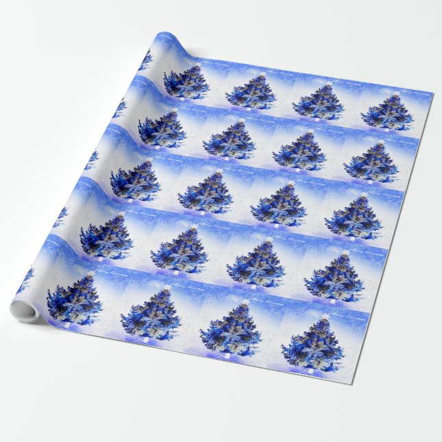 Customisable decorated blue christmas tree wrapping paper (Unrolled)