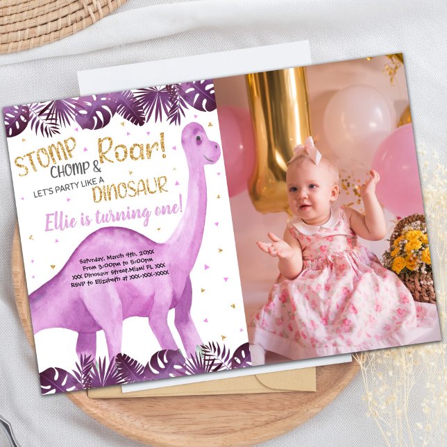 Customisable Dinosaur Party Invitations for Kids (Pink Glitter Dinosaur Birthday Invitations w photo)