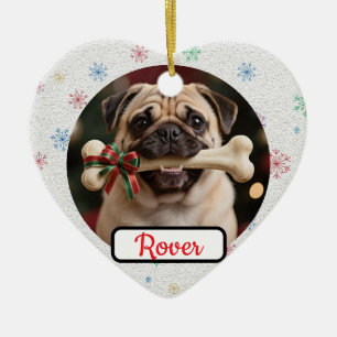 Customisable Dog And Bone Pet Heart Christmas Ceramic Ornament