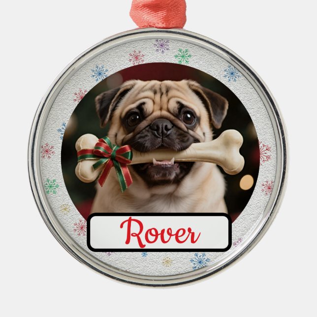 Customisable Dog And Bone Pet Owner's Round Xmas Metal Ornament (Front)