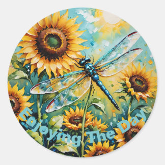 Customisable Dragon Fly, Dragon Fly and Sunflower, Classic Round Sticker