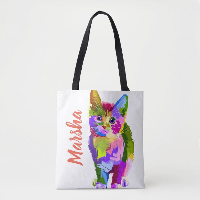 Customisable Editable Name Contemporary Artsy Cat Tote Bag (Front)