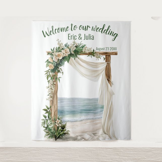 Customisable Elegant Beach Wedding Backdrop Tapestry (Front)