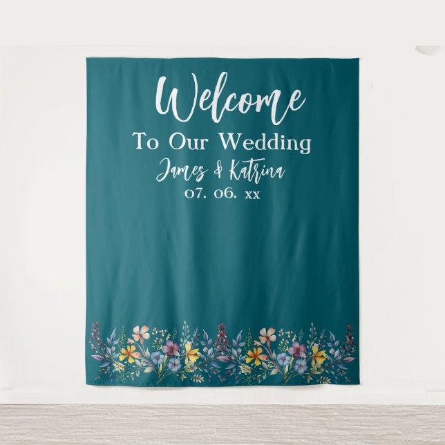  Customisable Elegant Dark Teal Wedding Backdrop Tapestry (Front)
