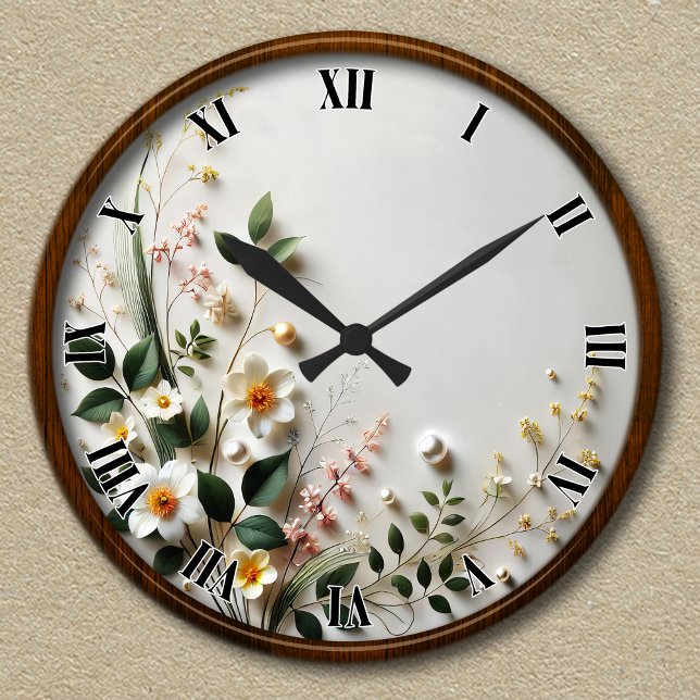 Customisable Elegant Floral Design  Round Clock (Creator Uploaded)