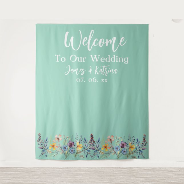  Customisable Elegant Light Teal Wedding Backdrop Tapestry (Front)