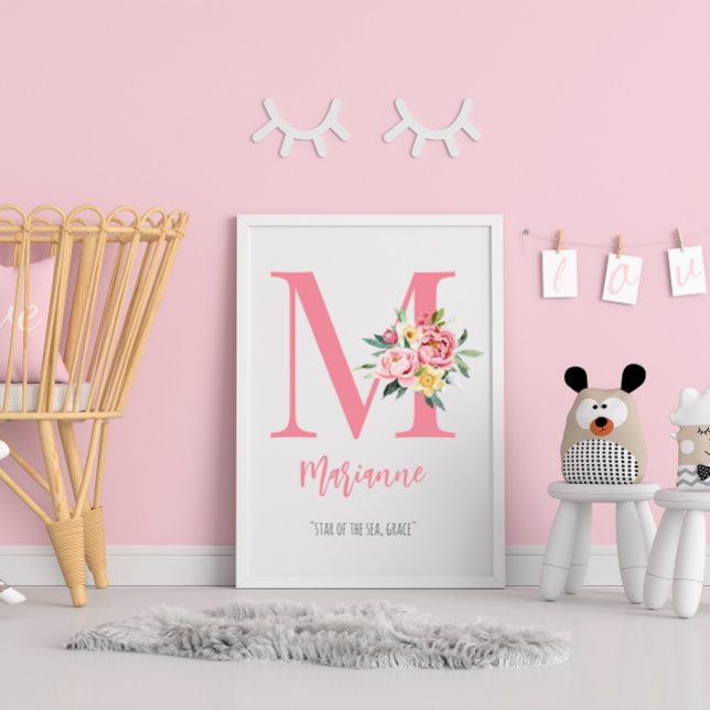 Customisable Elegant Pink Floral Monogram Initial Poster (Creator Uploaded)
