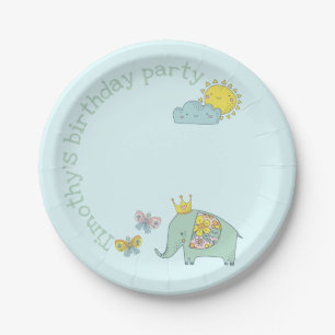 Customisable Elephant and Butterflies Birthday Paper Plate