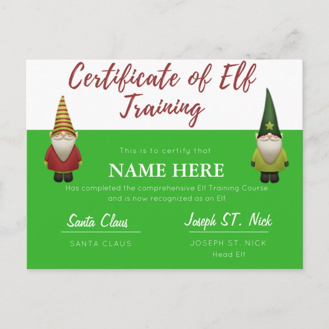 Customisable Elf Certification Holiday Postcard (Front)