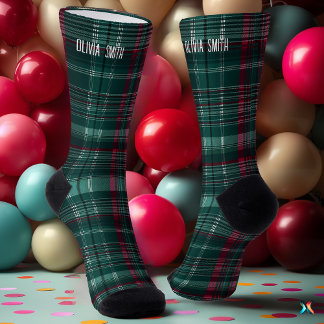 Customisable Emerald Green and Burgundy Tartan Socks