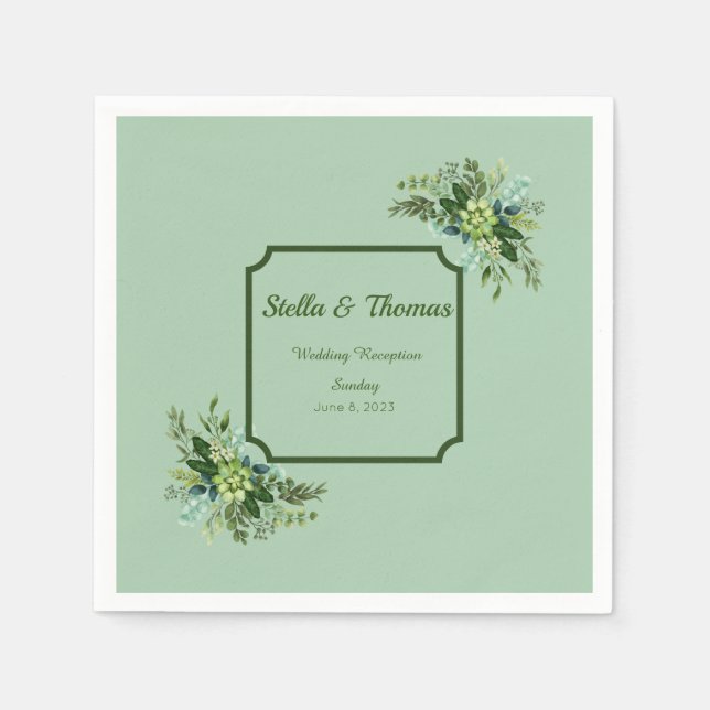 Customisable Emerald Green Flowers Wedding Napkins (Front)