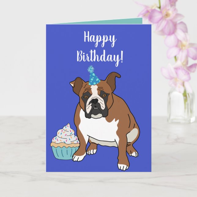 Customisable English Bulldog Birthday Card (Orchid)