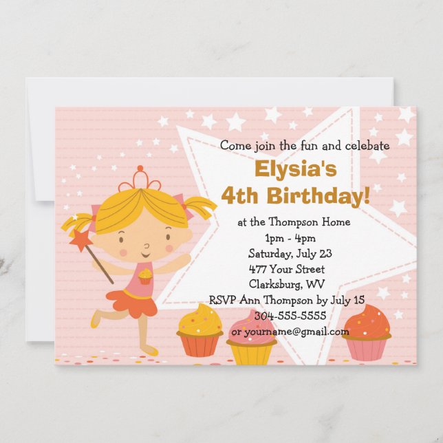 Customisable Fairy Princess Cupcake Birthday Party Invitation (Front)