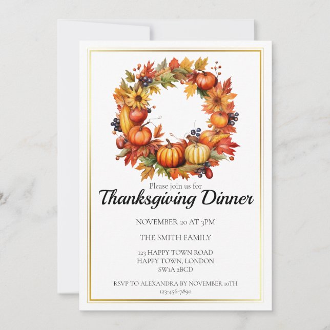 Customisable Fall Wreath Thanksgiving Dinner Invitation (Front)