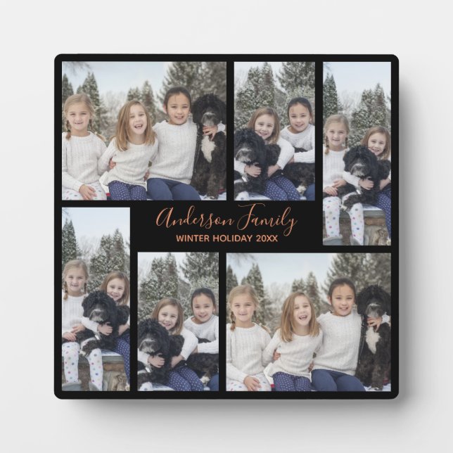 Customisable Family Photo Template Black Rose Gold Plaque (Front)