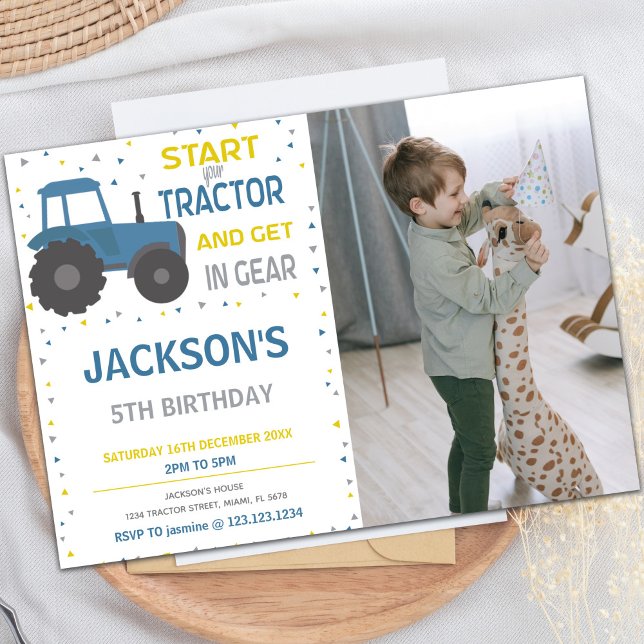 Customisable Farm Party Invitations for Kids (Blue Tractor Birthday Invitations with photo)