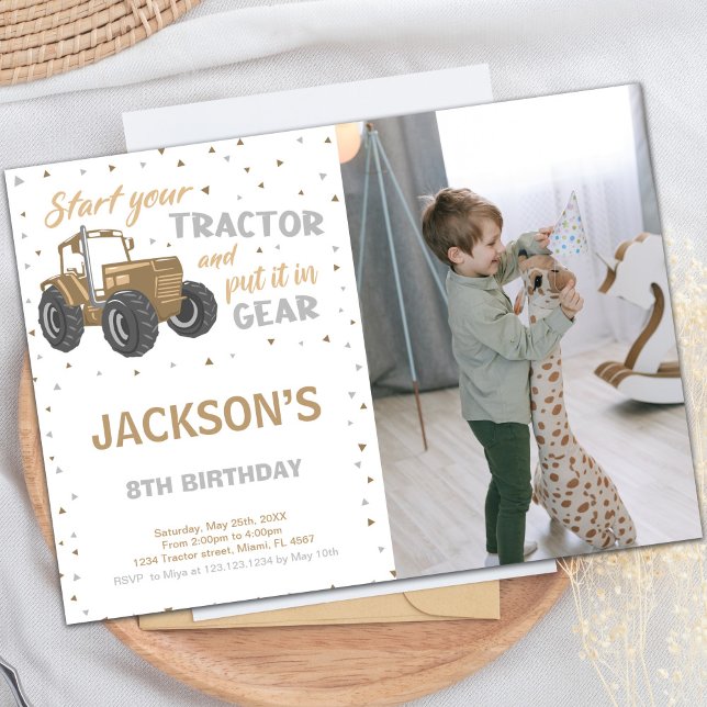 Customisable Farm Party Invitations for Kids (Brown Tractor Birthday Invitations with photo)