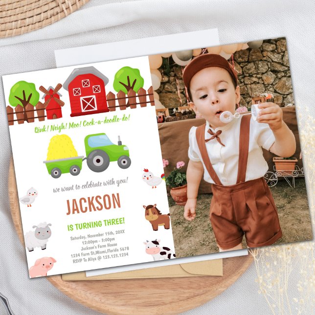 Customisable Farm Party Invitations for Kids (Green Barnyard birthday invitations with photo)