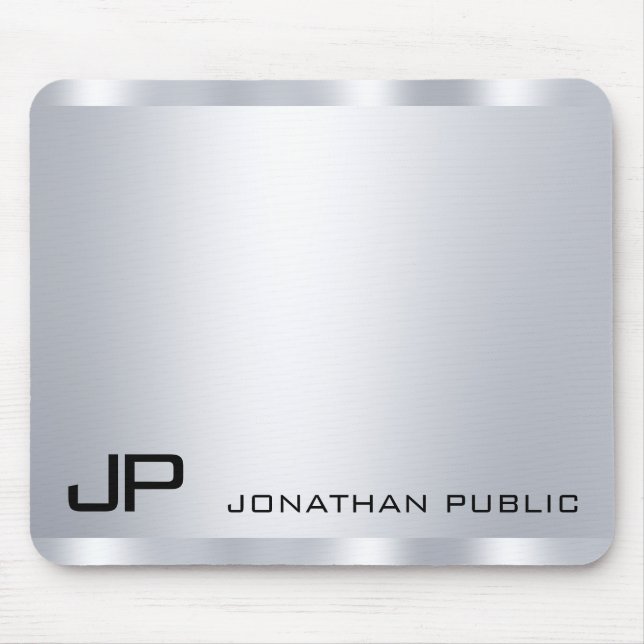 Customisable Faux Silver Metallic Look Monogram Mouse Pad (Front)