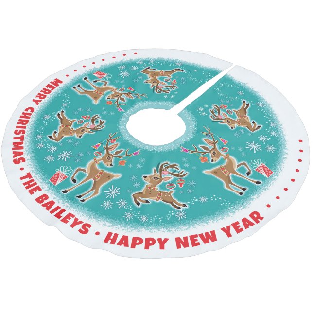 Customisable Festive Retro Reindeer Brushed Polyester Tree Skirt (Angled)
