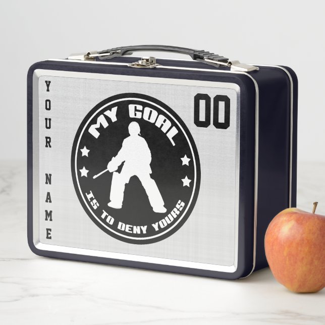 Customisable Field Hockey Goalie Lunch Box, Black Metal Lunch Box (In Situ)