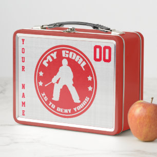 Customisable Field Hockey Goalie Lunch Box, Red Metal Lunch Box