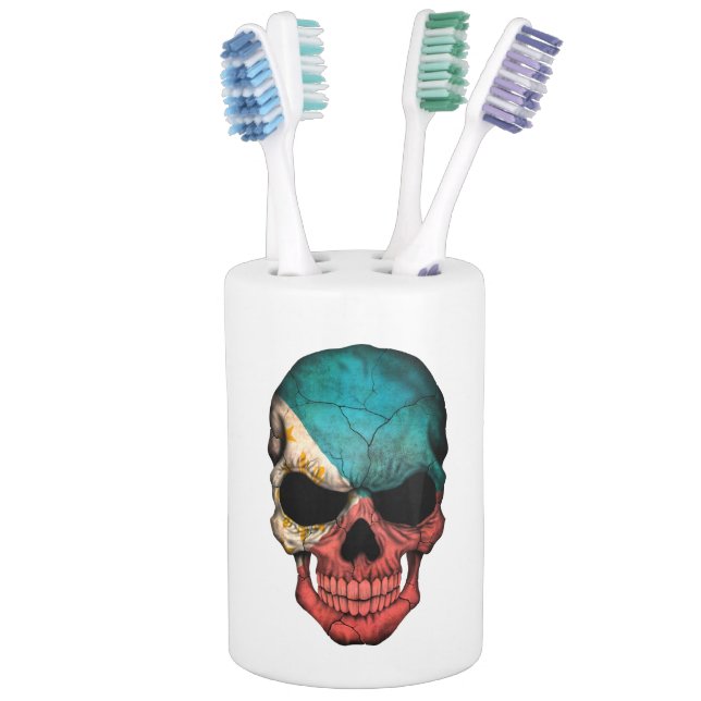Customisable Filipino Flag Skull Soap Dispenser And Toothbrush Holder (In Situ)