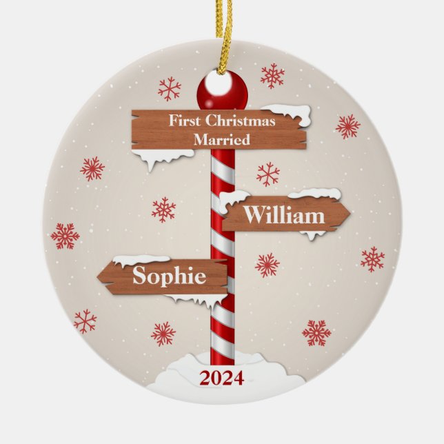 Customisable First Christmas Married Names Ceramic Ornament (Front)